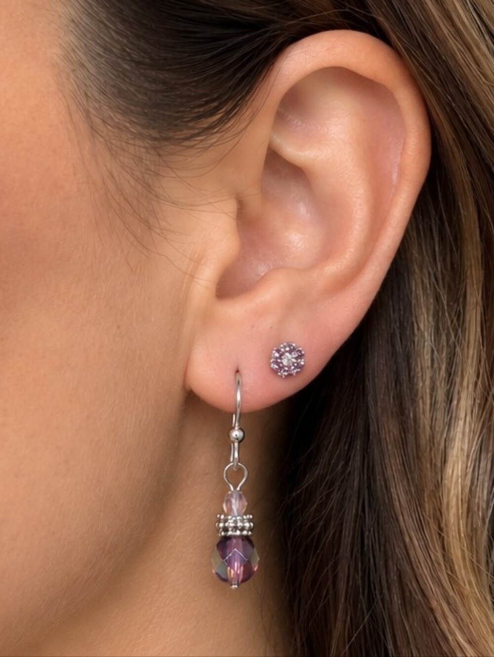 Iridescent Beaded Dangle & Floral Rhinestone Stud Earring Set Purple Silver